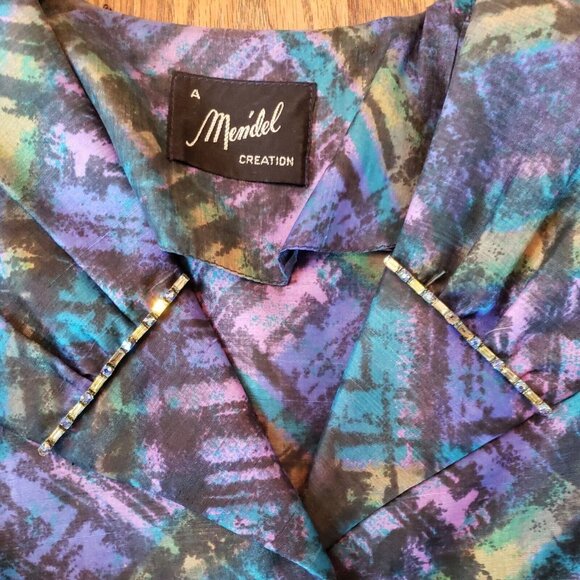 Vintage Wiggle Dress Sz 16 Belted Pin Up Brutalist Peacock Blue Jeweled Collar - Picture 5 of 16